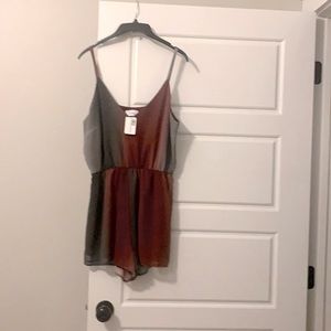 Adrienne romper with burgundy, gray, and black tones